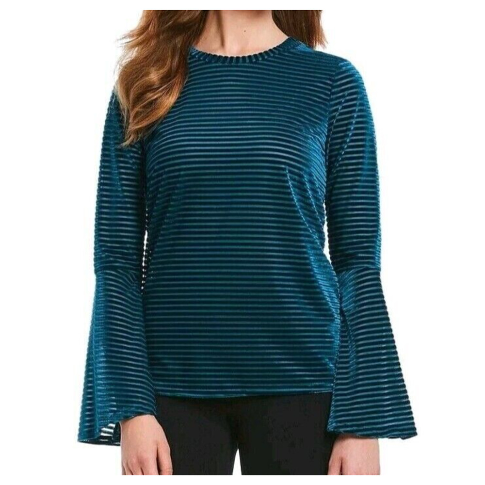 Michael Kors Burnout Velvet Mesh Top Sz XL Teal Blue Bell Sleeve Stretch Blouse